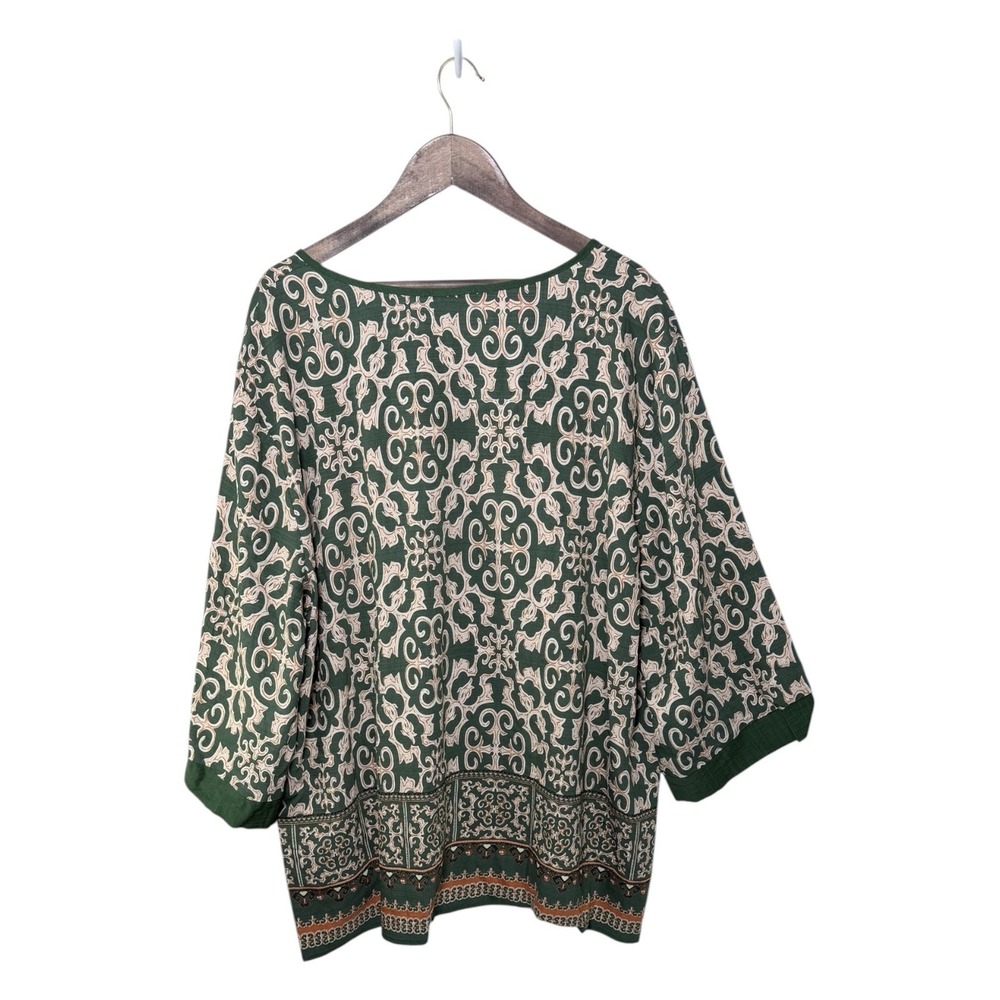 Bebonnie Tunic Top Women XXL Green Damask Print Split V-Neck 3/4 Sleeve Blouse - Picture 2 of 6